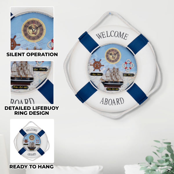 High Quality Lifebuoy Silent Wall Clock, 14" Nautical Home Decor