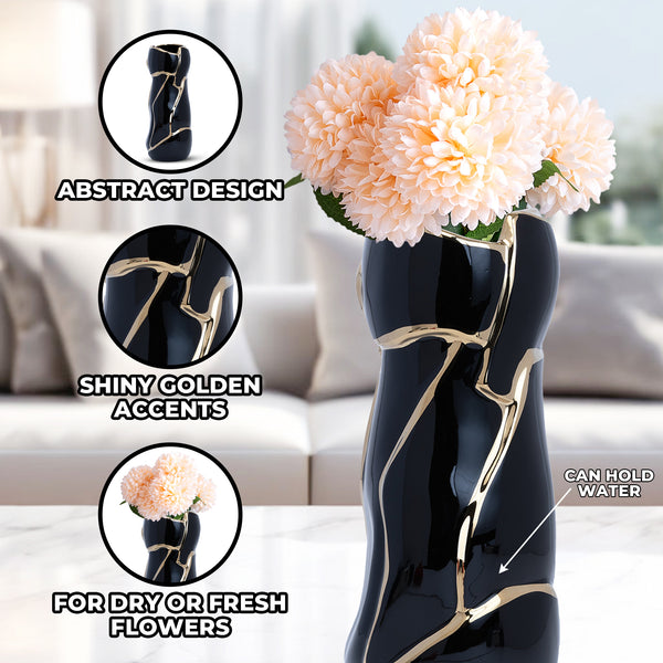 Abstract Black And Gold Ceramic Vase - Flower Bud Centerpiece For Home Decor