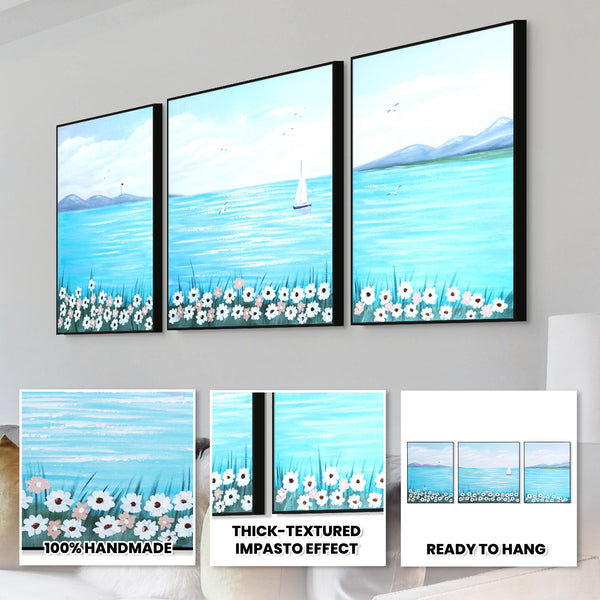 Handmade Blue Lake & Boat Canvas Trio, Nature-Inspired Scenic Wall Art For Living & Dining Decor