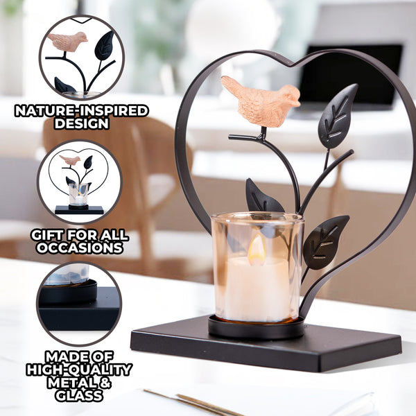 Black Metal Tealight Holder With Bird, 6" Nature Inspired Glass Decor