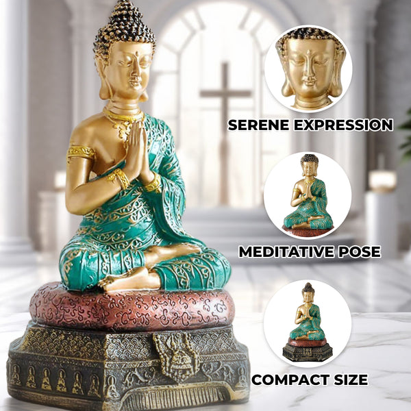 Small Buddha Statue, Zen Meditation Room Decor, Tabletop Statue, Home Accent Green Gold Polyresin, 9 inch 23 cm