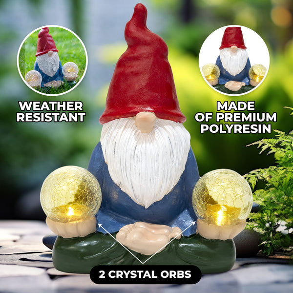 Solar Gnomes Decor for Outside, Yard Decor, Gnome Statues Outdoor With Crystal Orbs, Red White Blue Polyresin, 10 inch 25 cm