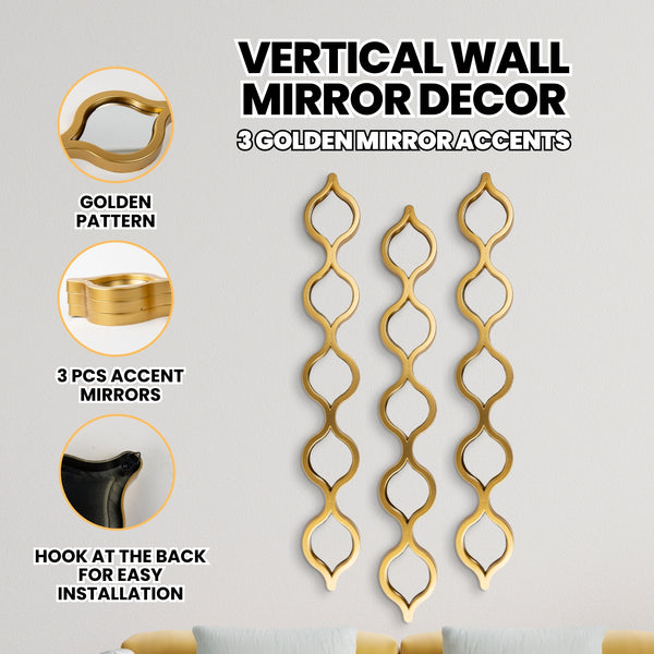 Vertical Wall Mirror Decor, 3 Teardrop Mirror Gold Accents, Indoor Wall Art for Living Room 35 inch, 88 cm