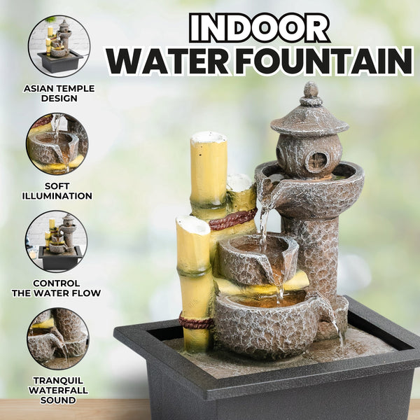 Indoor Water Fountain with Lights, 11" Asian Temple Desktop Waterfall