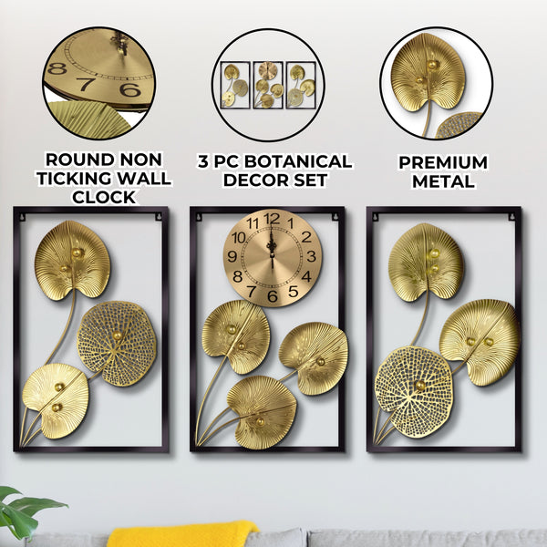 3 Piece Wall Art Decor, Gold Round Wall Clock Botanical Wall Hanging for Living Room Office, Indoor Decor 24 inch 60 cm