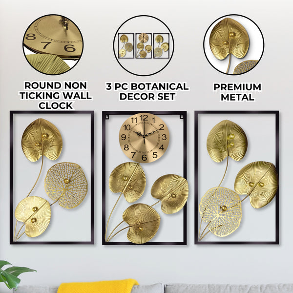 3 Piece Wall Art Decor, Gold Round Wall Clock Botanical Wall Hanging for Living Room Office, Indoor Decor 24 inch 60 cm