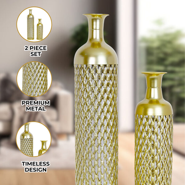 Large Metal Floor Vases, Golden Vase Set of 2, Floor Vase Decor for Entryway, Hallway, Home Decor 69 cm 27 inch, Medium 48 cm 19 inch