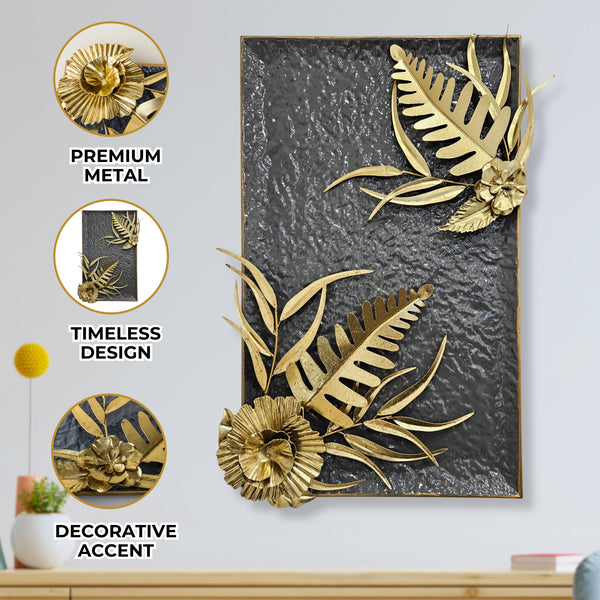 Large Floral Metal Wall Art, Botanical Wall Decor for Home or Office, Gray Gold Decor, Metal Wall Decor 27 inch 69 cm