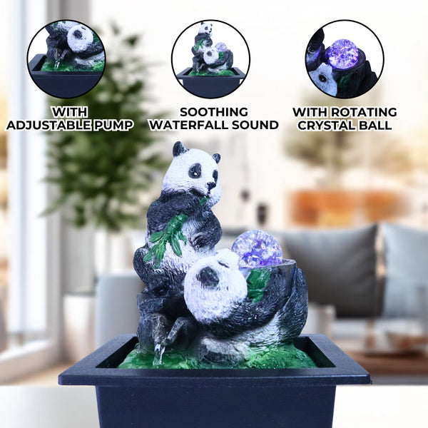 Indoor Panda Fountain with Electric Lights, Crystal Ball and Pump, Indoor Waterfall, Tabletop Polyresin Panda Statues, Black White 11 inch 28 cm