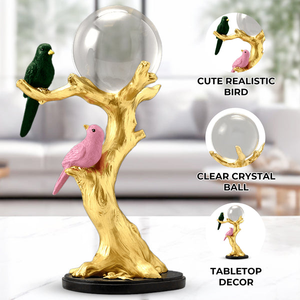 Crystal Ball and Bird on Tree, 9" Tabletop Centerpiece Statue Home Decor