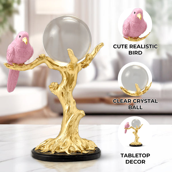 Decorative Sculpture Tabletop Crystal Ball and Bird on Tree, 9" Centerpiece