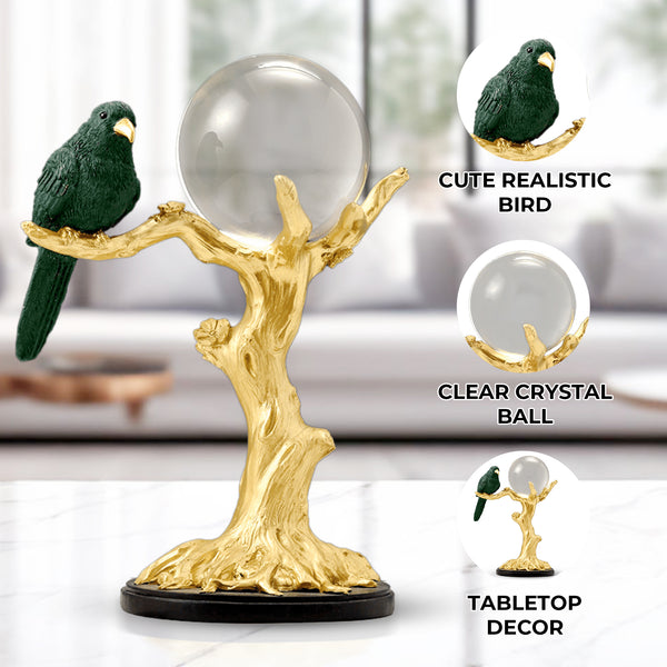 Countertop Sculpture Crystal Ball and Bird on Tree, 9" Tabletop Centerpiece