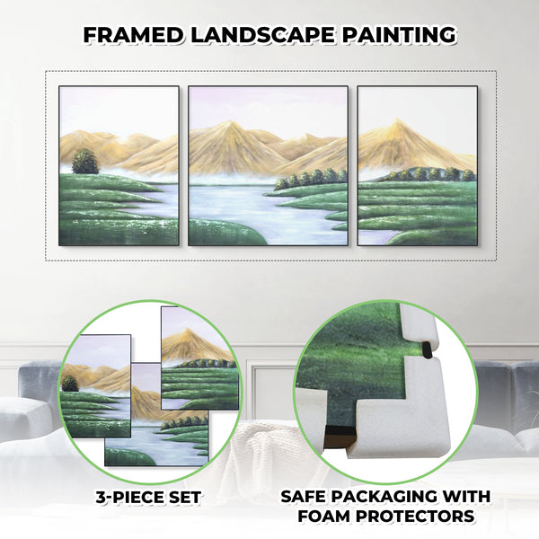 Majestic Mountain Canvas Trio: Large Yellow, Green & White Scenery Art, Wood Framed For Living & Office Spaces