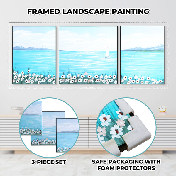 Handmade Blue Lake & Boat Canvas Trio, Nature-Inspired Scenic Wall Art For Living & Dining Decor