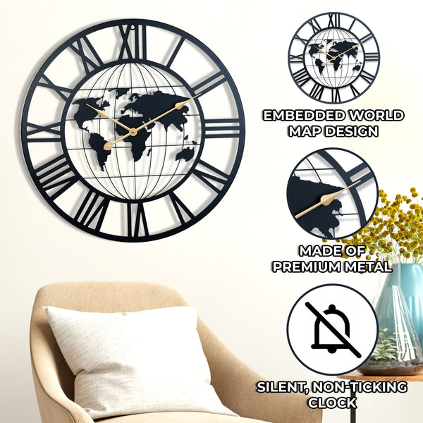 Black Round Metal Wall Clock with Embedded World Map, Roman Numeral Clock, Indoor Silent Non Ticking Wall Clock, Metal Decor for Home, 24 inch 60 cm