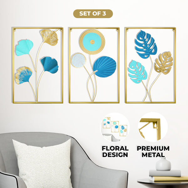 3 Piece Metal Wall Hanging, Teal Green Aqua Gold Home Decor, Indoor Wall Art for Living Room 24 inch 60 cm