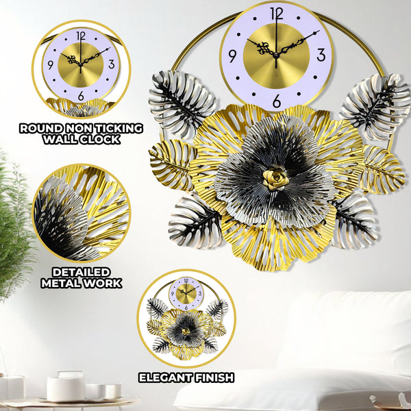 Large Decorative Wall Clock, Floral Metal Wall Art for Living Room, Silent Round Clock, Indoor Wall Hanging, Home Decor Gold Gray 24 inch 60 cm