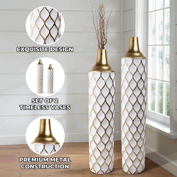2 Piece White Gold Tall Vases, Indoor Decorative Vases for Living Room, Hallway, Home Decor Large 32 inch Medium 28 inch