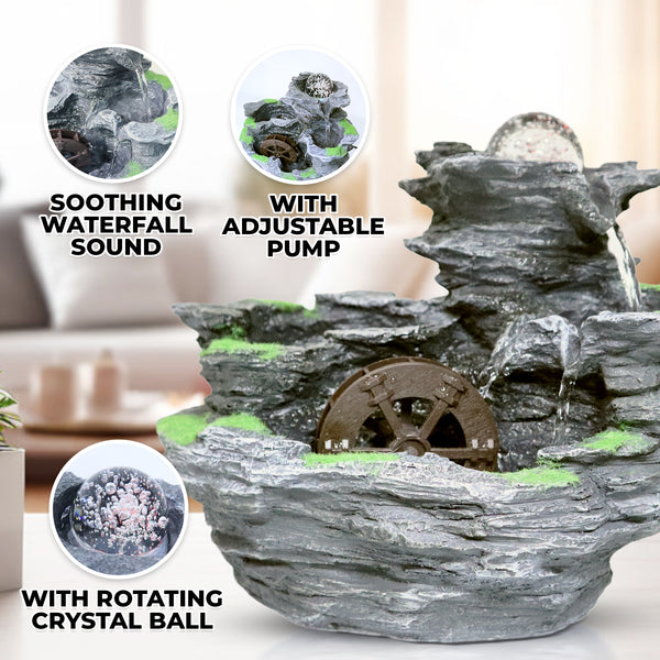 Indoor Water Fountain with Pump, Light, Revolving Crystal, Home or Office Waterfall, Polyresin Tabletop Fountain Black 10 inch wide