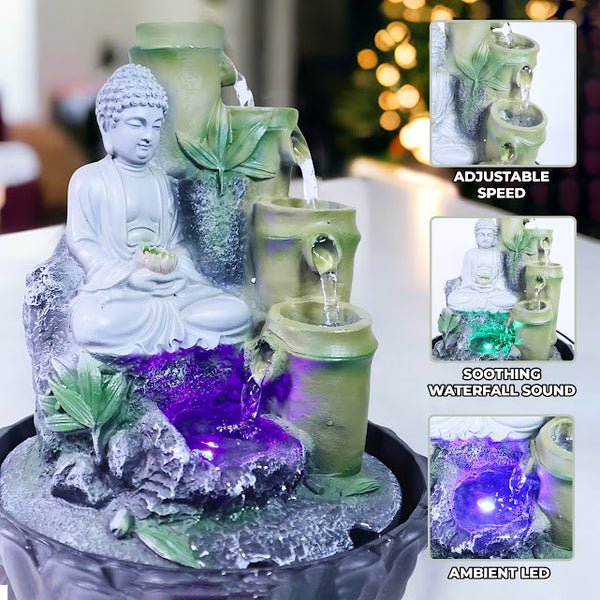 Indoor Waterfall with Buddha Statue, Pump, Lights 11" Decor