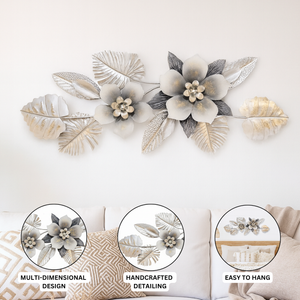 Large 60 Inch wide 3D Metal Flower Wall Art Sculpture with Silver & Gray Leaves, Textured Modern Botanical Decor for Living Room or Bedroom-Sona Casa