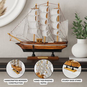 Brown Wooden Sailboat Model With Realistic Cloth Sails - Nautical Marine-Inspired Home Decor - Accent Collection
