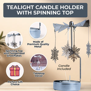 Silver Small 6" Metal Candle Holder with 1 Tealight Candle, Spinning Top, Diwali Gifts, Desk Altar Living Room Decor by Sona Casa