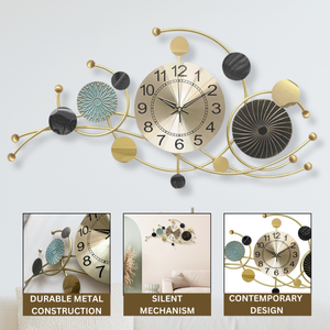 Gold Silent Wall Clock for Home or Office, 31" Wide Metal Battery Operated Clock, Modern Abstract Oversized Wall Decor by Sona Casa