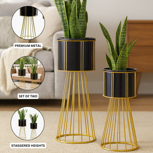 Contemporary Black & Gold Metal Planter Pair, Set of 2 Tall Indoor Plant Stands for Home Decor-Sona Casa