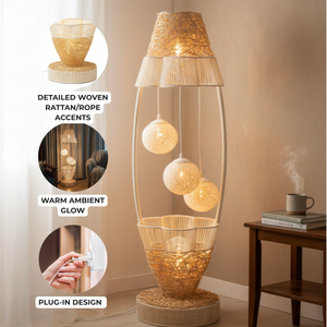 Tall LED Floor Lamp with Off White Cane Balls, Handmade Modern Decorative Accent, Ambient 4 LED Bulbs, Home Decor-Sona Casa