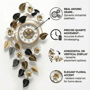 Large Elegant Wall Clock with Quartz Movement, Gold White Silver Floral Design Horizontal or Vertical Modern Decorative Home Accent Clock-Sona Casa