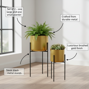 Modern Gold Planters with Black Stand Set, Electroplated Metal for Fresh or Faux Plants, Living Room Patio Decor Gifts-Sona Casa