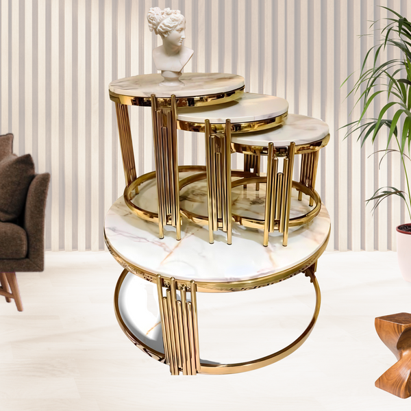 Round Coffee Table Set of 4 Centerpiece, 35" 18" 16" 14" Marble Top, Metal Gold Frame, Home Decor by Sona Casa