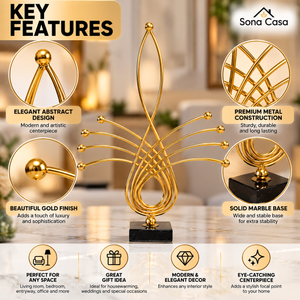Gold abstract sculpture with close-up views of the metal design and black base