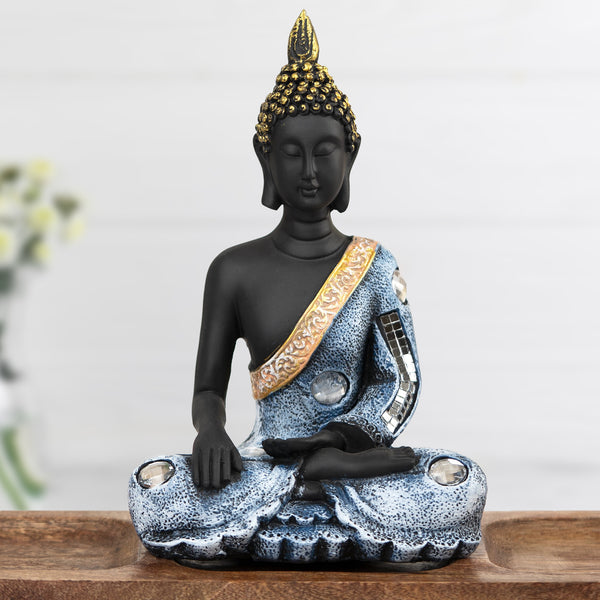 Meditating Buddha Statue, Small Buddha Figurines, Yoga Room Meditation Room Decor, Housewarming Gift, Black Gold Blue Polyresin 8 inch, 21 cm
