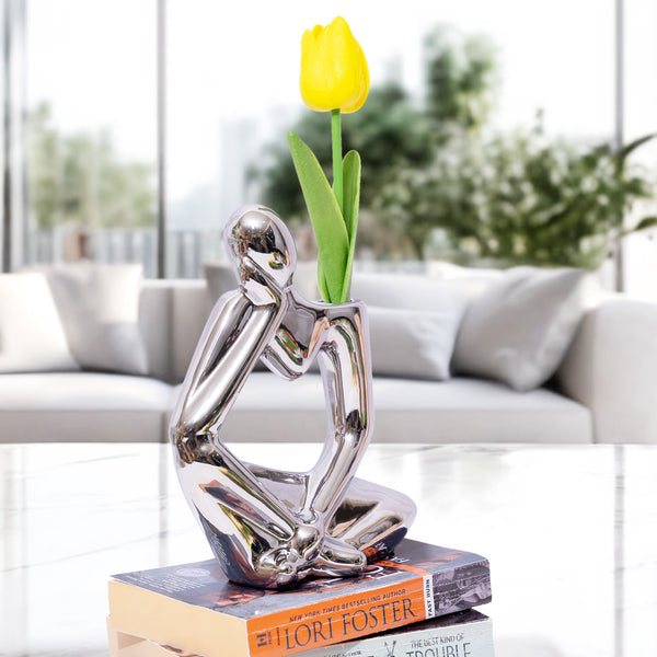 Ceramic Bud Vase,  7" Abstract Thinker Statue,  1 Tulip Stem