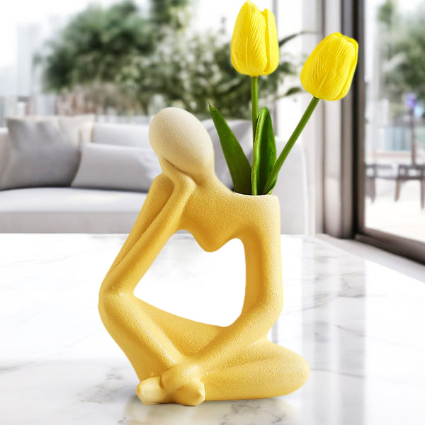 Abstract Ceramic Yellow Bud Vase With 1 Tulip Stem, 7" Table Decor