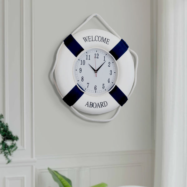 Nautical Round Wall Clock, 18" Silent, Lifebuoy Coastal Decor