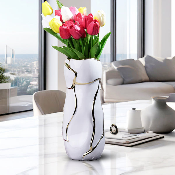 Abstract White Ceramic Golden Lines Vase - Elegant Table Centerpiece For Fresh & Faux Flowers