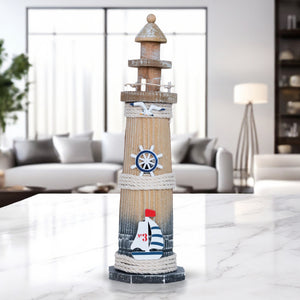 Rustic Brown Wood Miniature Lighthouse Model, 13" Nautical Figurine, Decorative Statue, Table, Desktop, Shelf Decor by Sona Casa