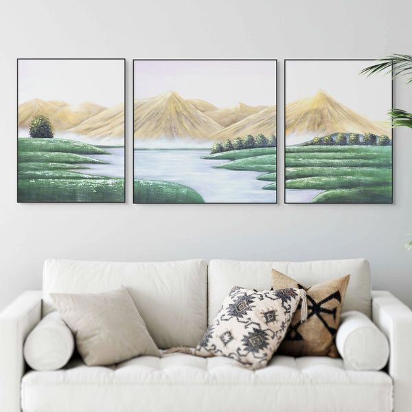 Majestic Mountain Canvas Trio: Large Yellow, Green & White Scenery Art, Wood Framed For Living & Office Spaces