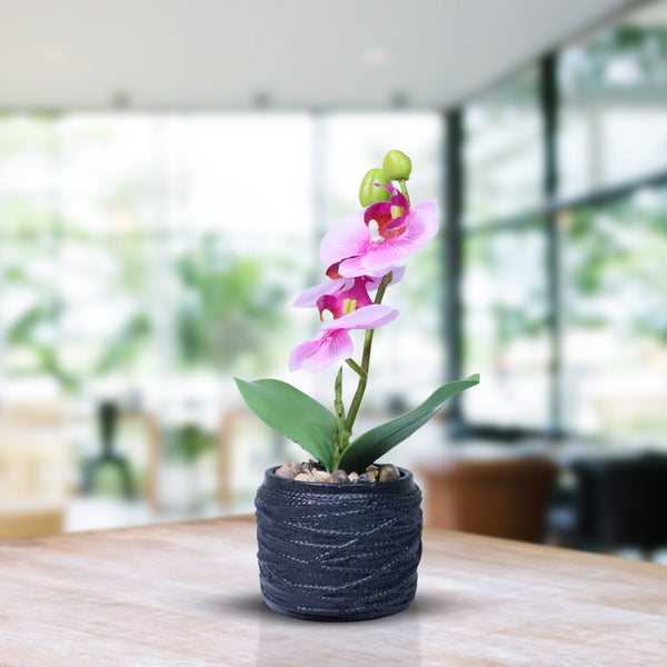 Small Pink Faux Orchid Fake Plants Indoor with Black Cement Pot, Handmade Center Table Decor 9in, 23cm by Accent Collection