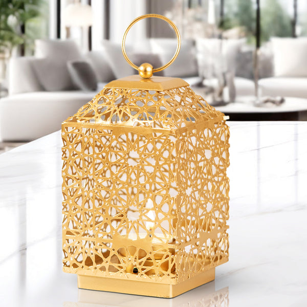 Golden Elegance Tealight Lantern - Vintage Metal & Glass Candle Holder for Centerpiece Magic