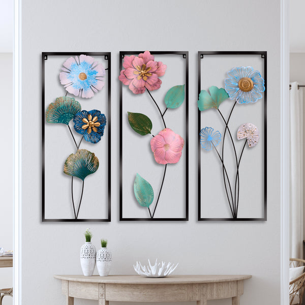 3 Piece Metal Floral Wall Art Decor for Living Room, Office Decor, Botanical Ornaments, Rustic Multicolor Indoor Decor, Wall Hanging 24 inch 60 cm