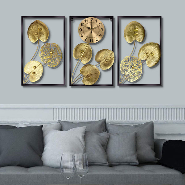 3 Piece Wall Art Decor, Gold Round Wall Clock Botanical Wall Hanging for Living Room Office, Indoor Decor 24 inch 60 cm