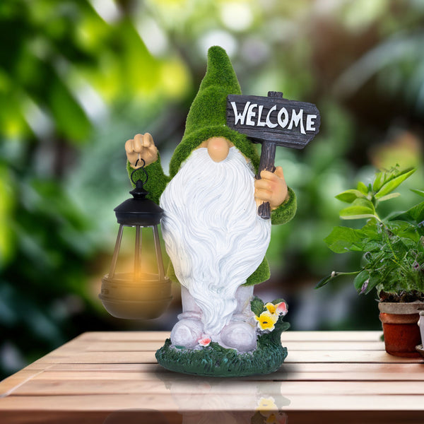 Welcome Gnome with Solar Powered Garden Lamp, Green White, Polyresin Lawn Gnome Statue, Patio Statue  13 inch 33 cm