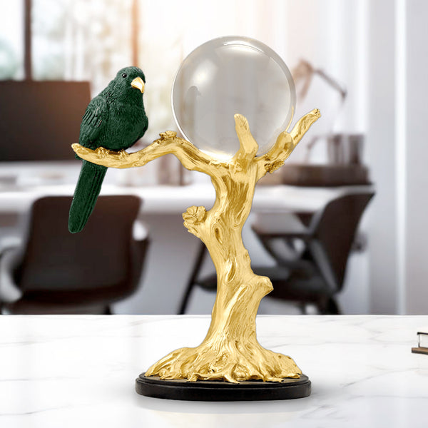 Countertop Sculpture Crystal Ball and Bird on Tree, 9" Tabletop Centerpiece