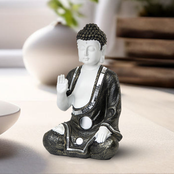 Small Polyresin Buddha Statue In Antique White, Perfect For Zen Home Decor & Meditation Room Essentials