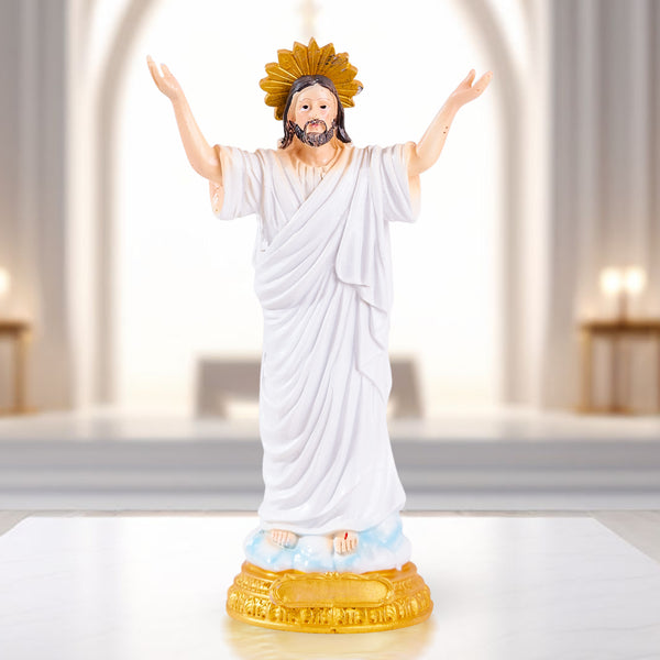 Resurrection Of Jesus Christ Statue, White Polyresin, Miniature Catholic Decor