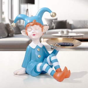 Blue 11" Elf Statue Organizer, Golden Decorative Metal Tray for Table, Desk, Shelf, Figurines for Home Office,Unique Gifts by Sona Casa